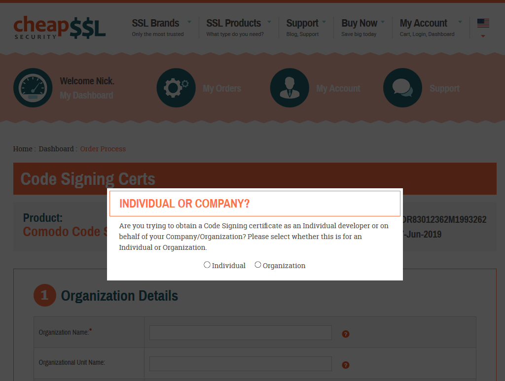 Individual or company screenshot when purchasing SSL Certificate on cheapssl.com
